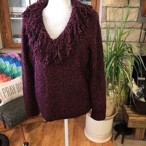 NORTONMCNAUGHTIN SIZE XLARGE RED AND BLACK MARLED LONG SLEEVE SWEATER. YARN TRIM